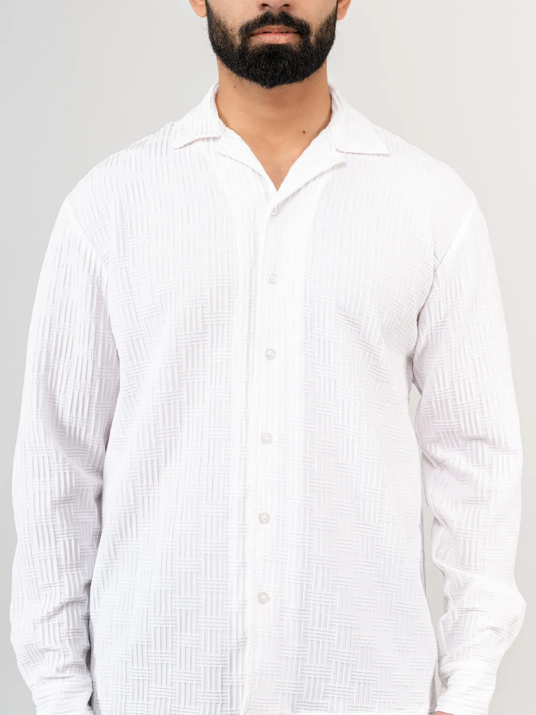White Blocks Popcorn Textured Full Sleeves Shirt
