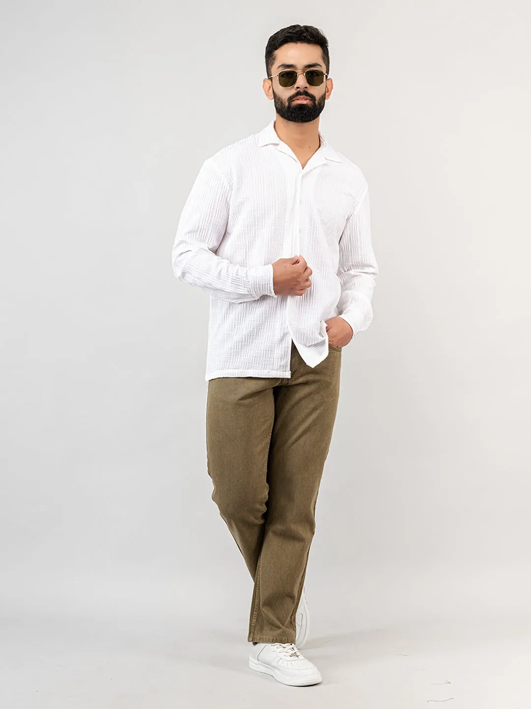 White Blocks Popcorn Textured Full Sleeves Shirt