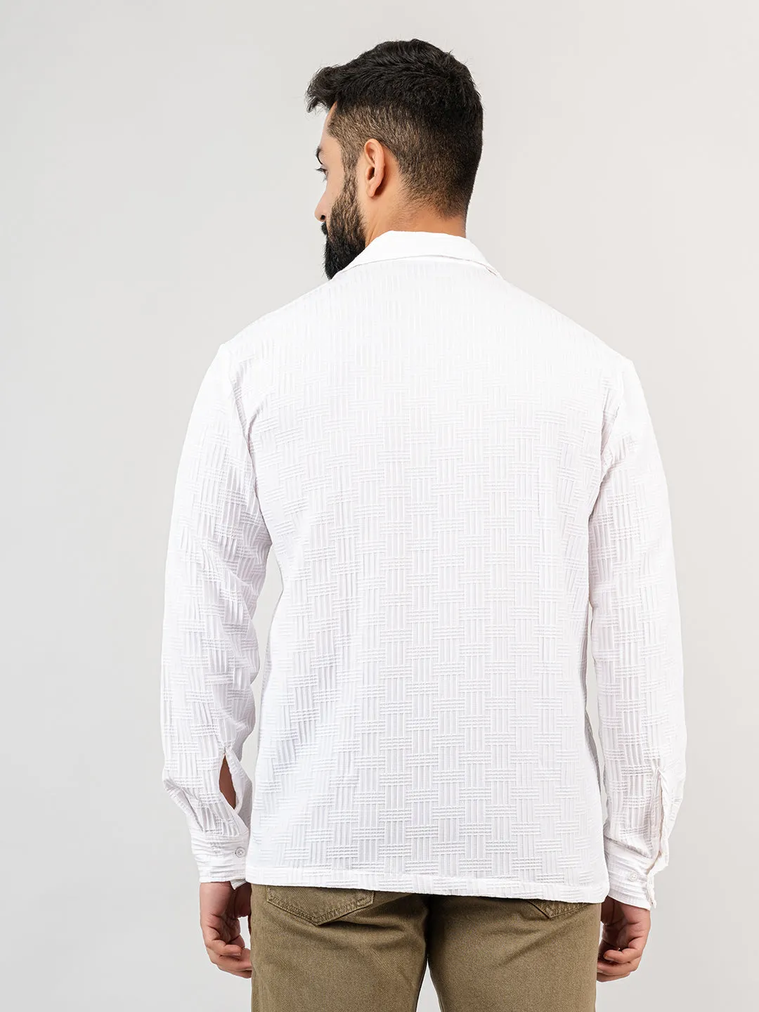 White Blocks Popcorn Textured Full Sleeves Shirt