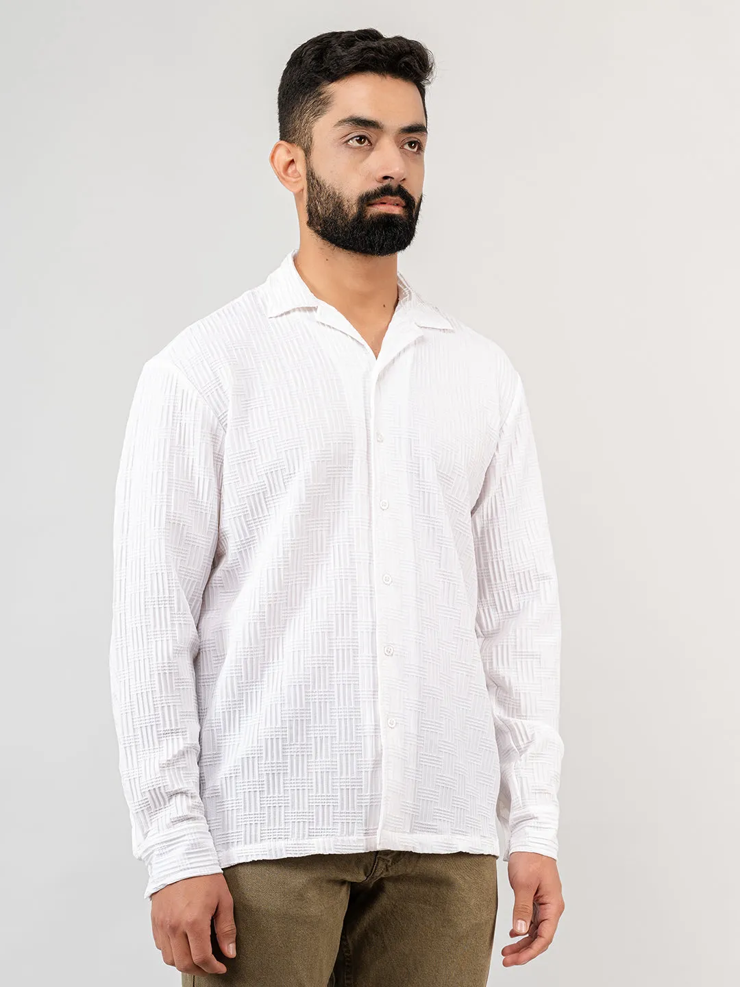 White Blocks Popcorn Textured Full Sleeves Shirt