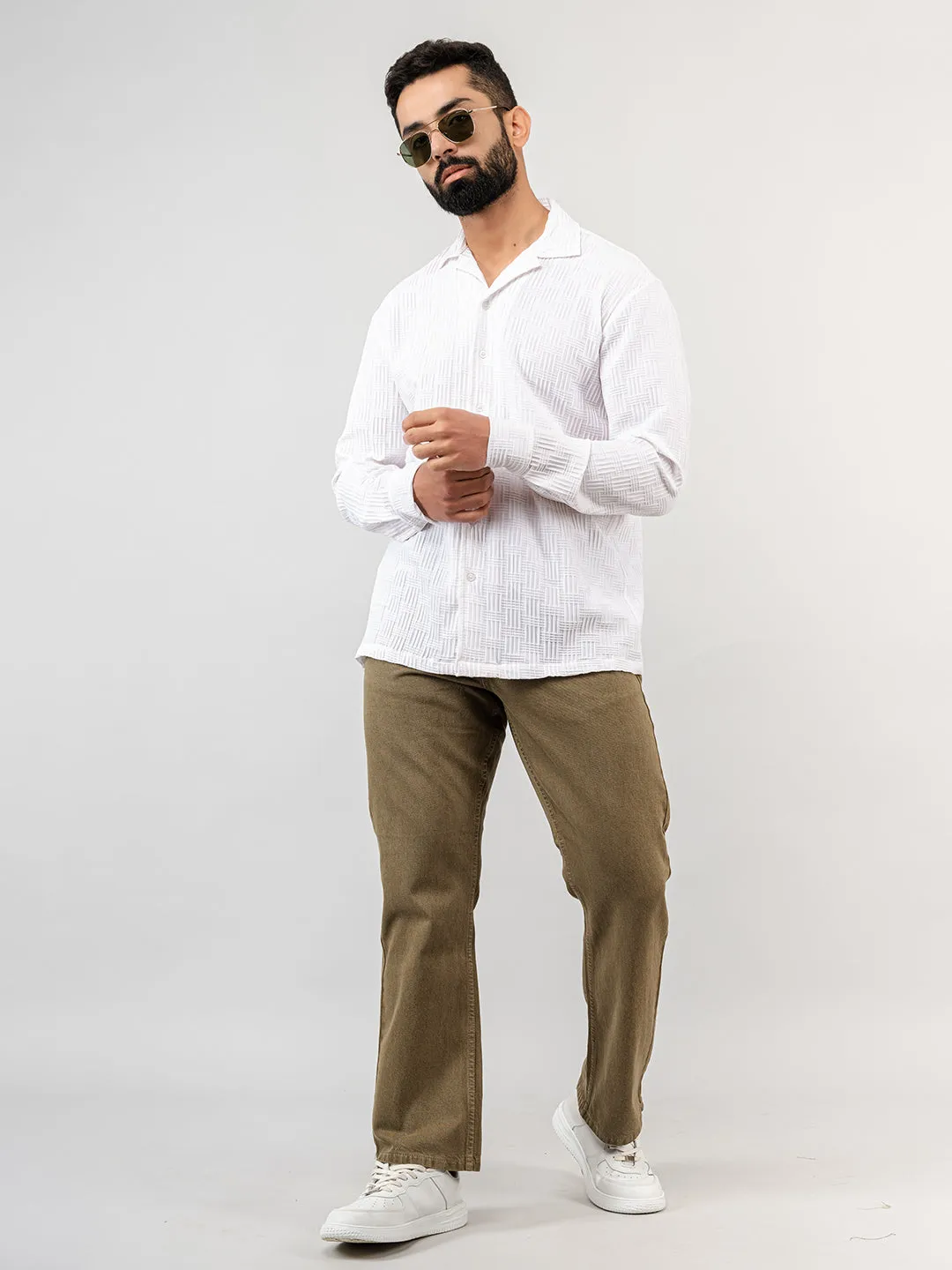 White Blocks Popcorn Textured Full Sleeves Shirt