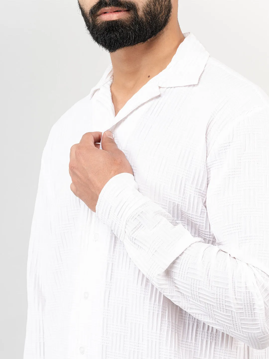 White Blocks Popcorn Textured Full Sleeves Shirt
