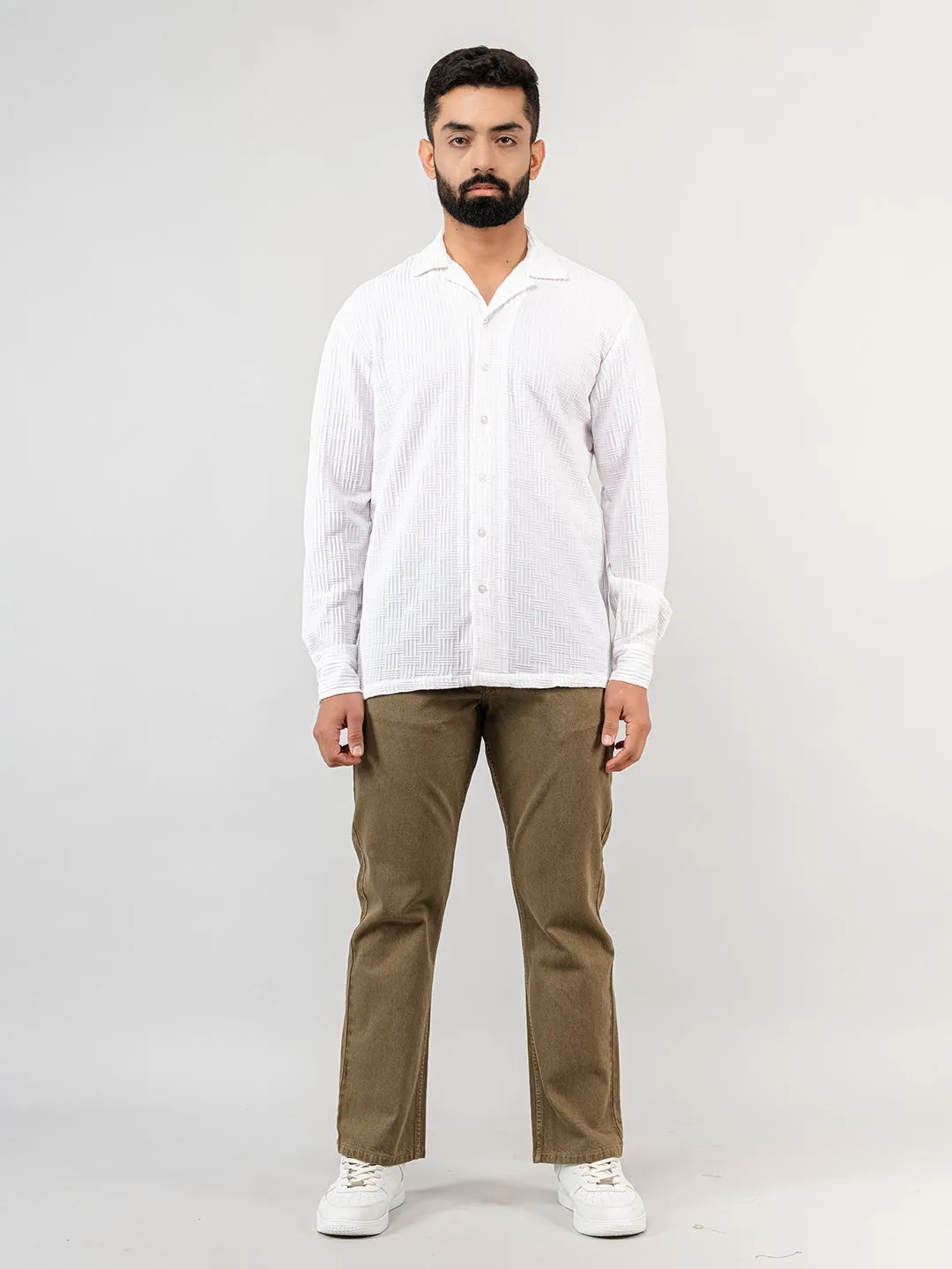 White Blocks Popcorn Textured Full Sleeves Shirt