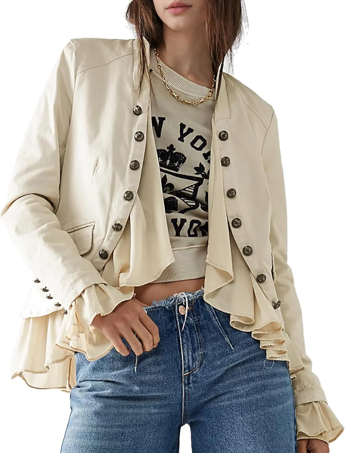 Women Casual Ruffles Jacket High Low Hem Steampunk Blazers Button up Romance Open Front Cotton Cardigan