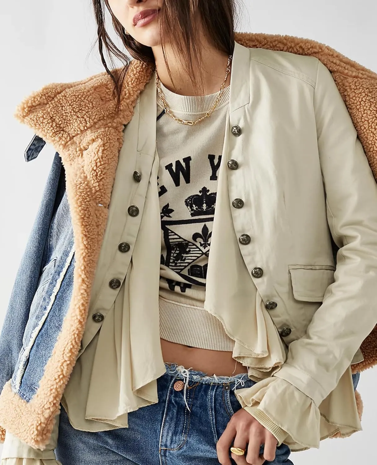 Women Casual Ruffles Jacket High Low Hem Steampunk Blazers Button up Romance Open Front Cotton Cardigan