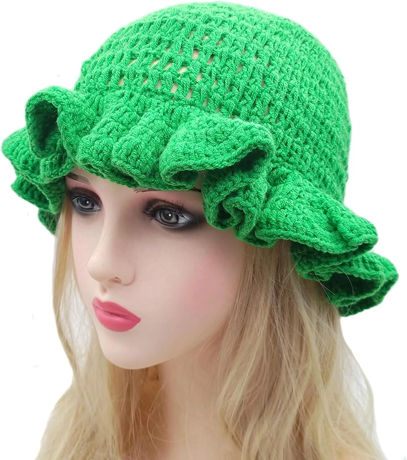 Women Crochet Bucket Hat Cute Winter Ruffled Brim Floppy Cap Handmade Knit Cloche Hats