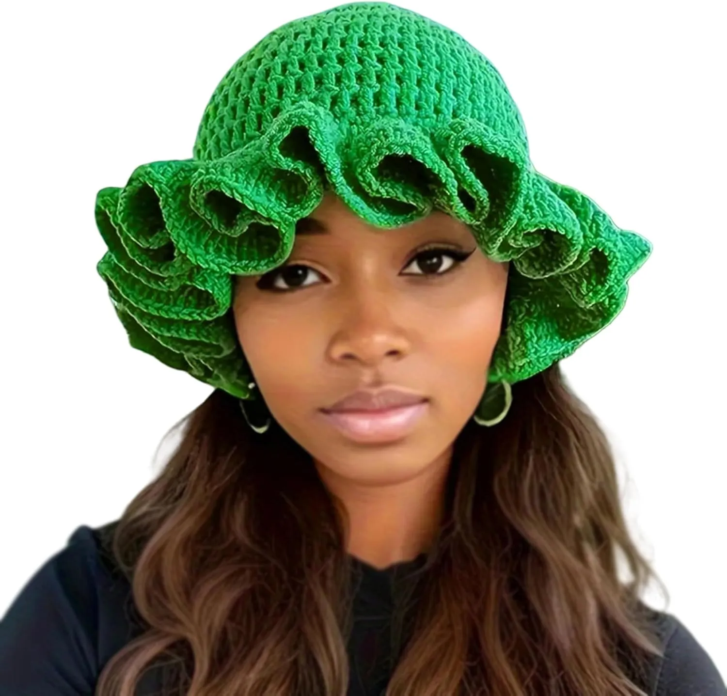 Women Crochet Bucket Hat Cute Winter Ruffled Brim Floppy Cap Handmade Knit Cloche Hats