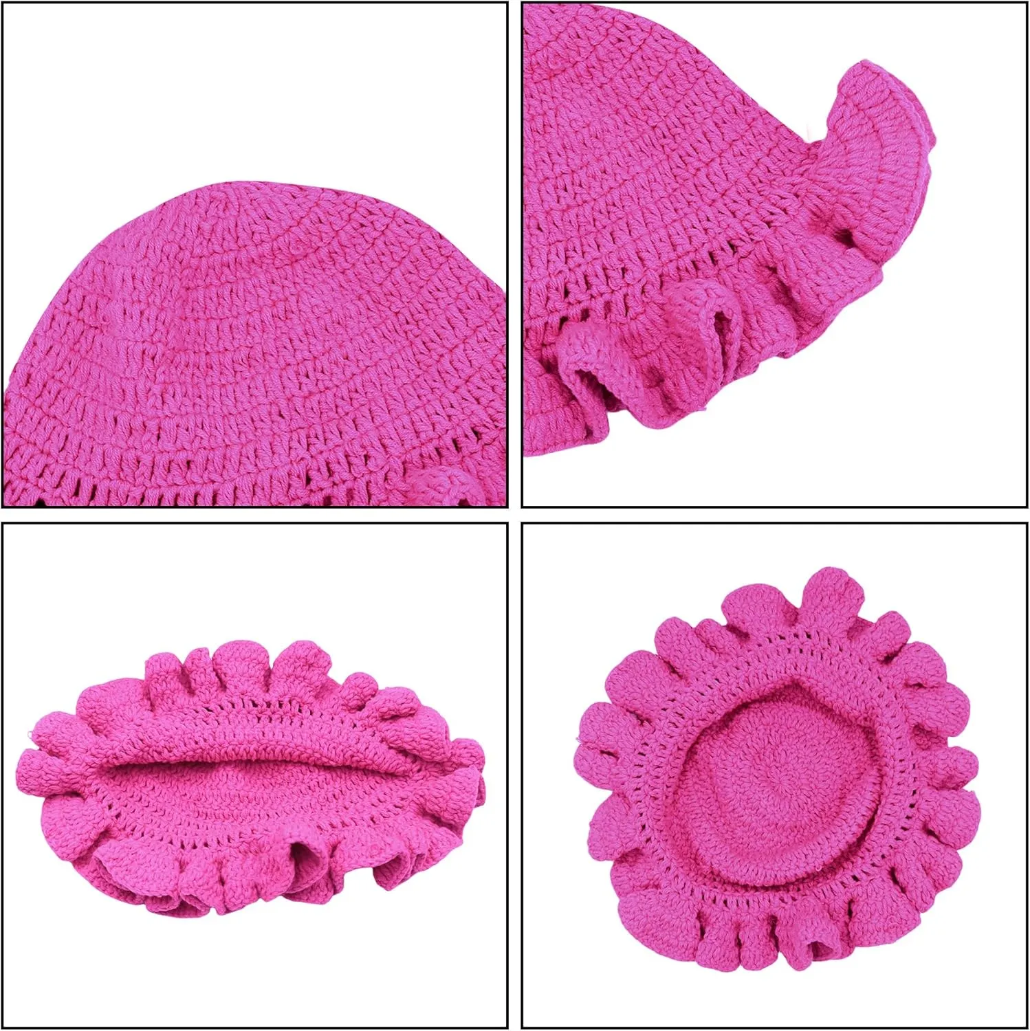 Women Crochet Bucket Hat Cute Winter Ruffled Brim Floppy Cap Handmade Knit Cloche Hats