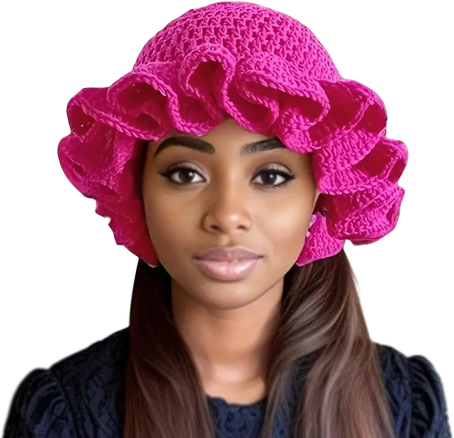 Women Crochet Bucket Hat Cute Winter Ruffled Brim Floppy Cap Handmade Knit Cloche Hats