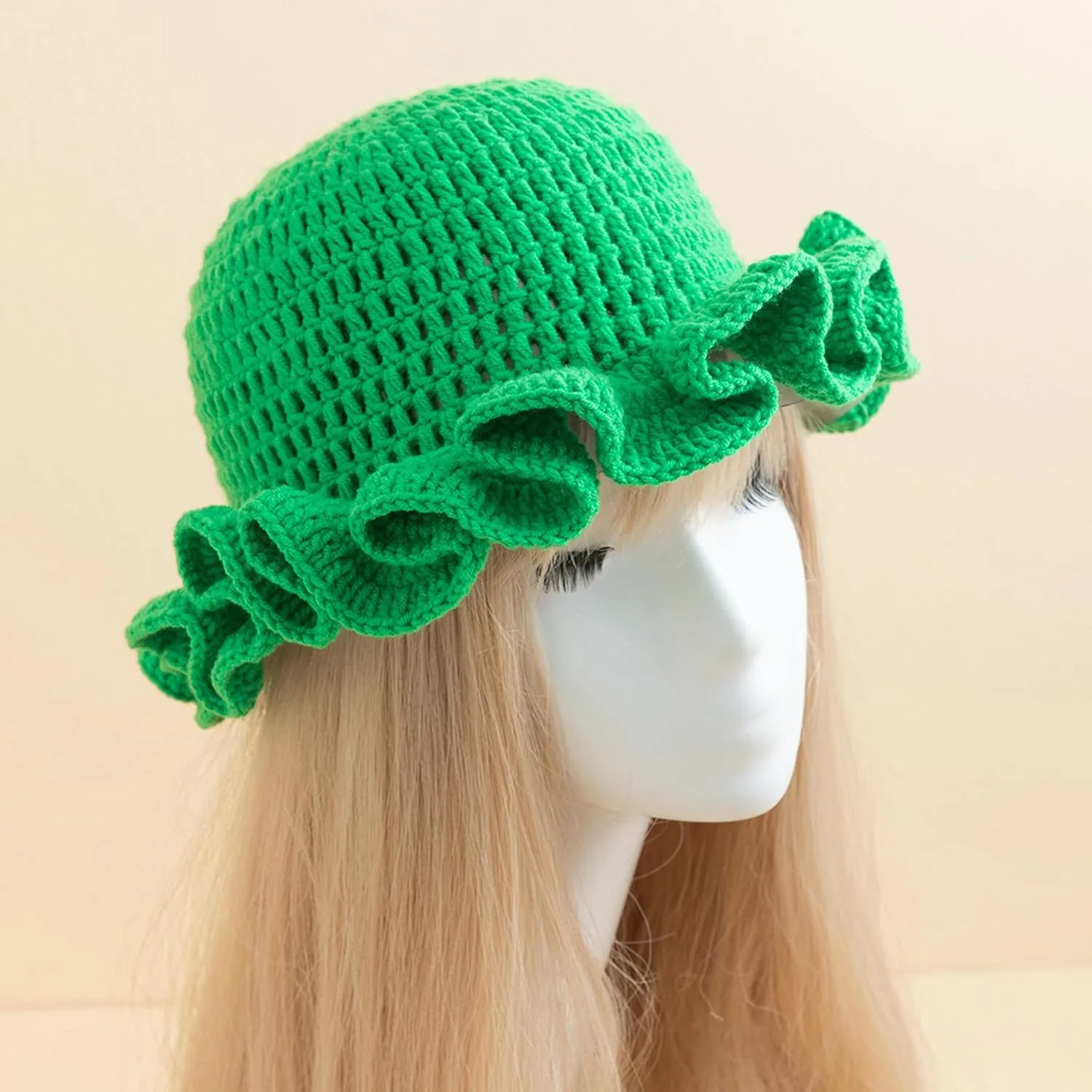 Women Crochet Bucket Hat Cute Winter Ruffled Brim Floppy Cap Handmade Knit Cloche Hats