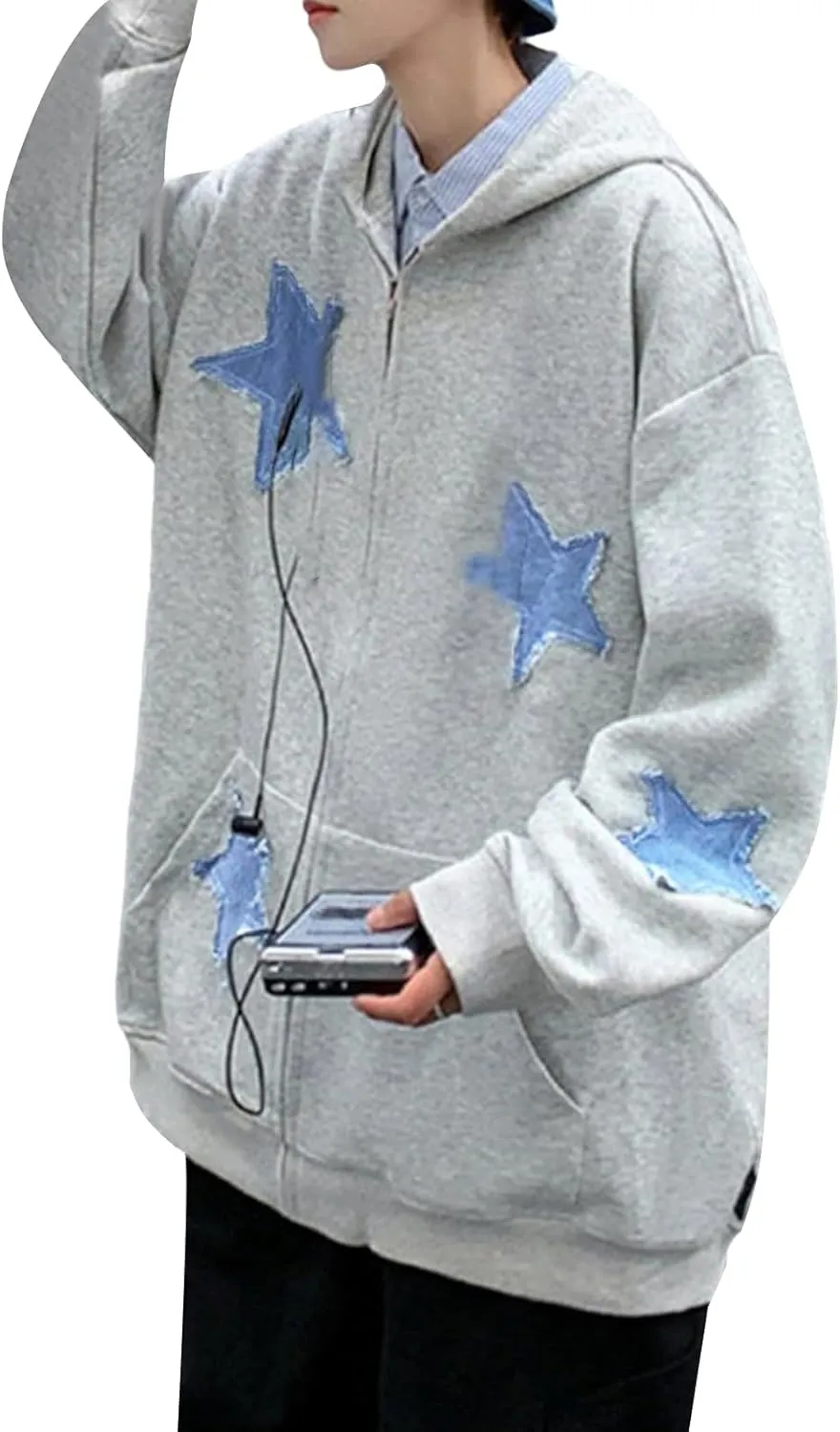 Women Men Zip Up Star Hoodie Oversized Long Sleeve Graphic Print Grunge Aesthetic Sweatshirt Jacket with Pocket Streetwear