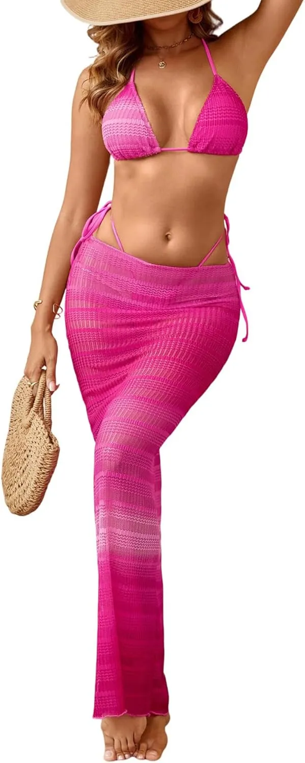 Women's 3 Piece Halter Bikini Set Textured High Cut Bathing Suit with Cover Up Beach Skirt
