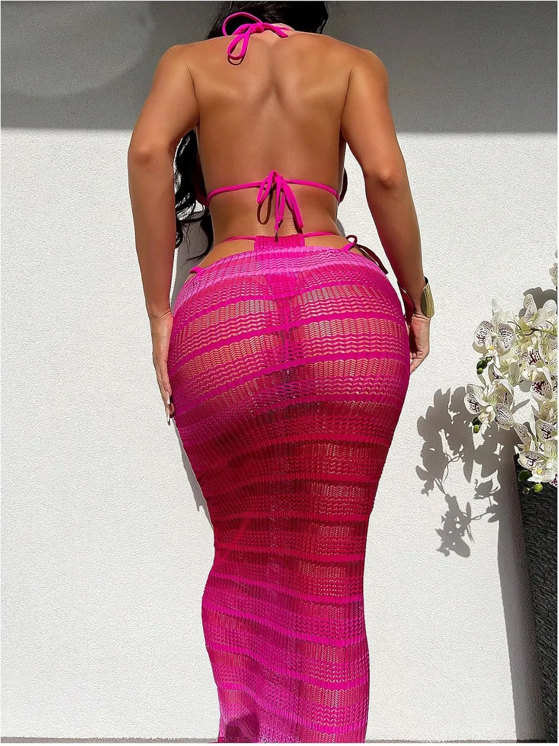Women's 3 Piece Halter Bikini Set Textured High Cut Bathing Suit with Cover Up Beach Skirt