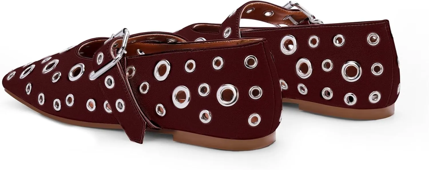 Women's Ballet Flats Studded Metal Eyelet Buckle Perforated Mary Jane Shoes