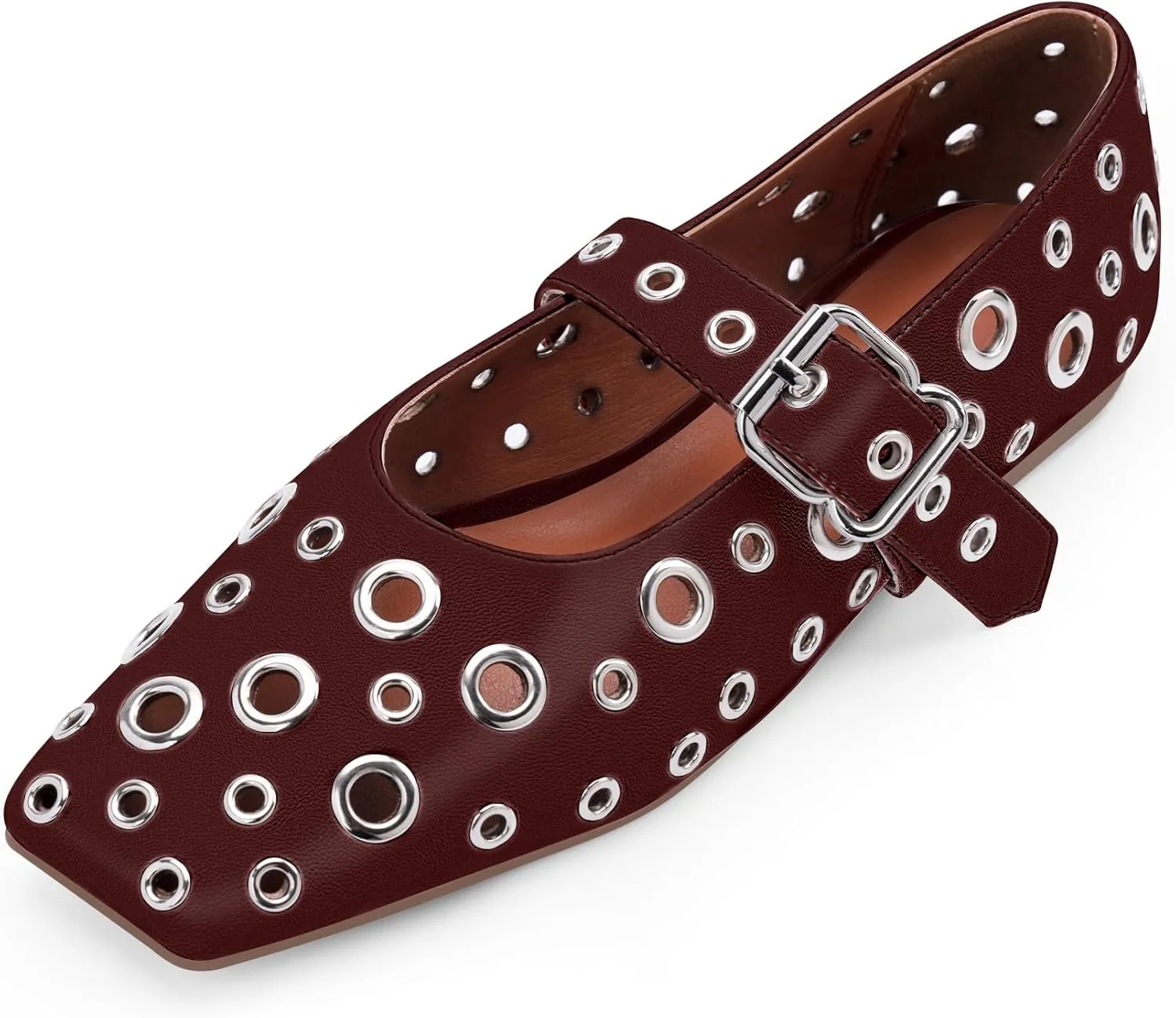 Women's Ballet Flats Studded Metal Eyelet Buckle Perforated Mary Jane Shoes
