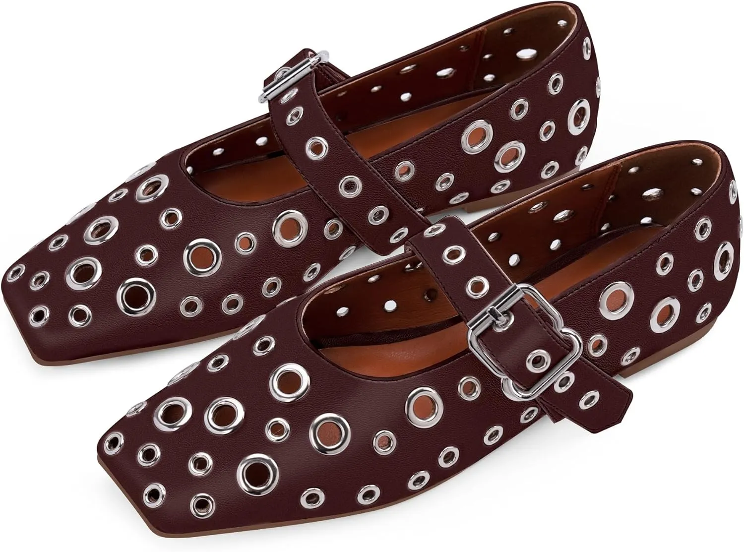Women's Ballet Flats Studded Metal Eyelet Buckle Perforated Mary Jane Shoes