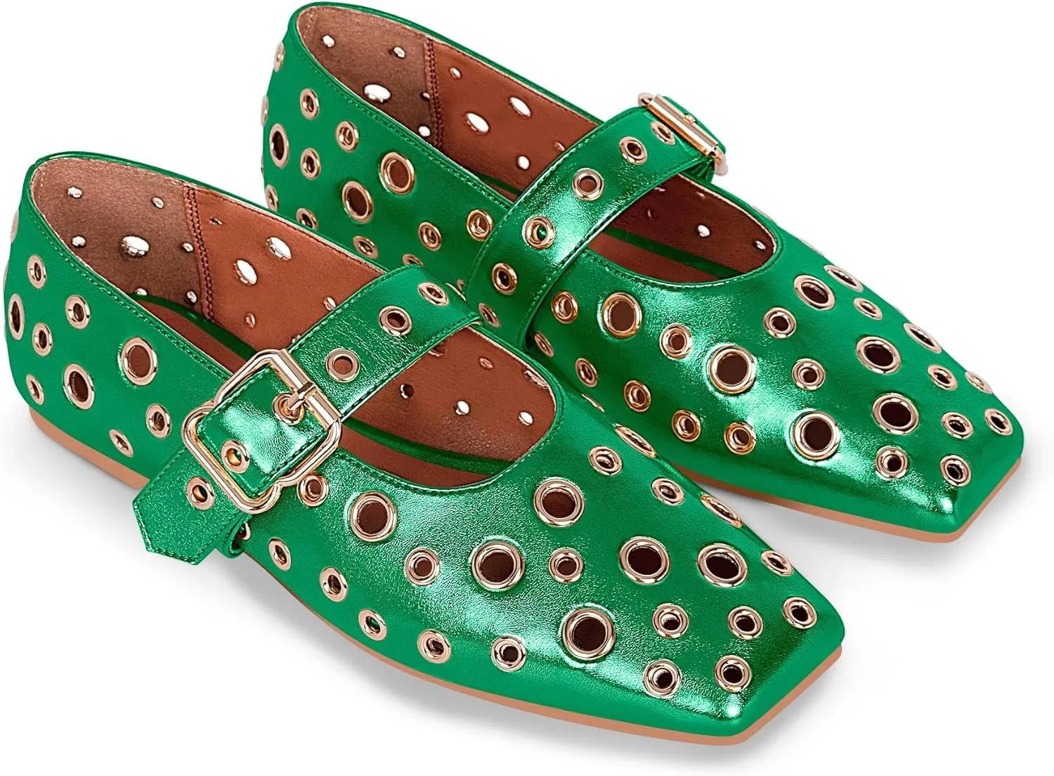 Women's Ballet Flats Studded Metal Eyelet Buckle Perforated Mary Jane Shoes