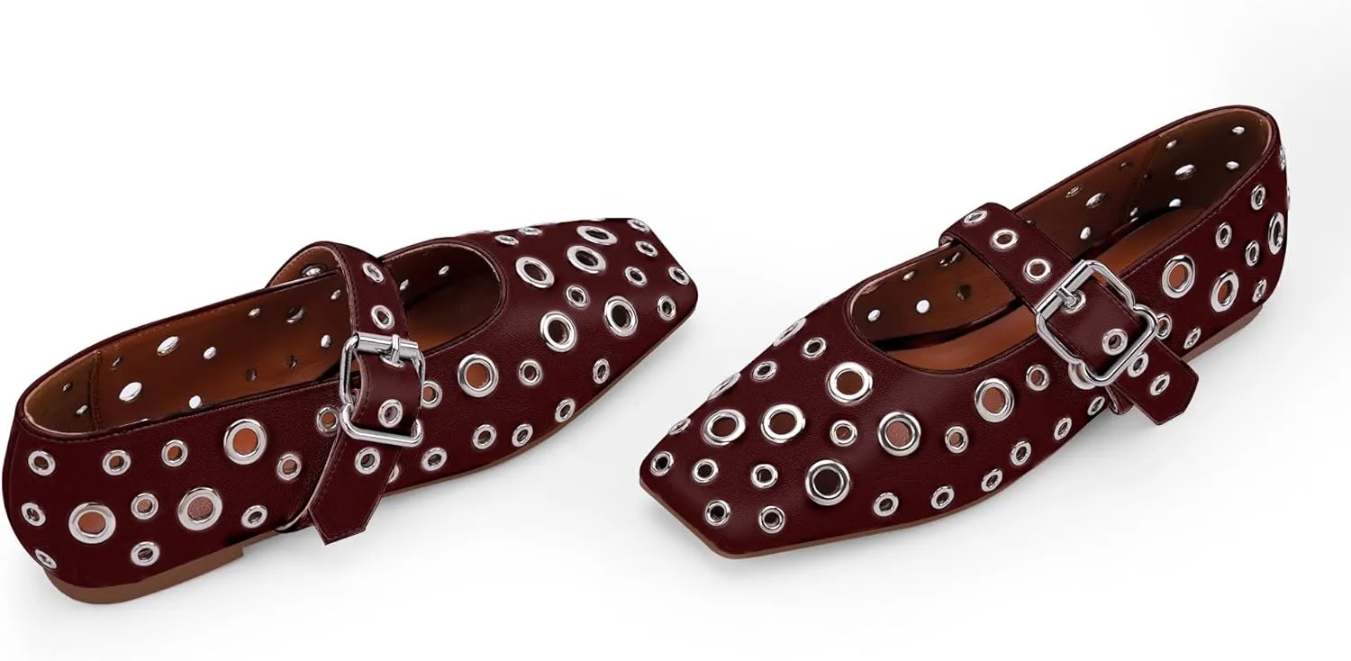 Women's Ballet Flats Studded Metal Eyelet Buckle Perforated Mary Jane Shoes