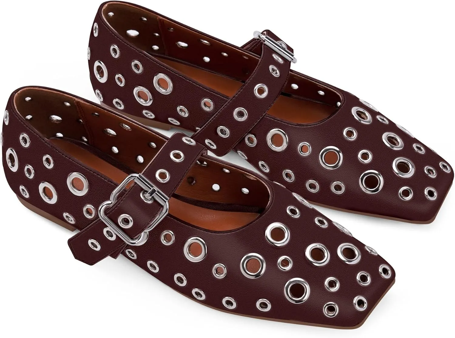 Women's Ballet Flats Studded Metal Eyelet Buckle Perforated Mary Jane Shoes