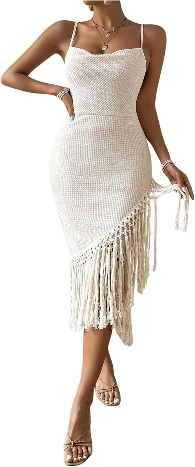 Women's Boho Fringe Hem Sleeveless Backless Pencil Midi Dress Back Criss Cross Cami Dresses Summer Dress