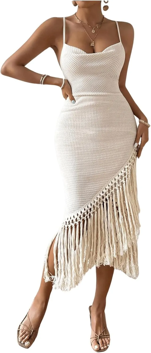 Women's Boho Fringe Hem Sleeveless Backless Pencil Midi Dress Back Criss Cross Cami Dresses Summer Dress