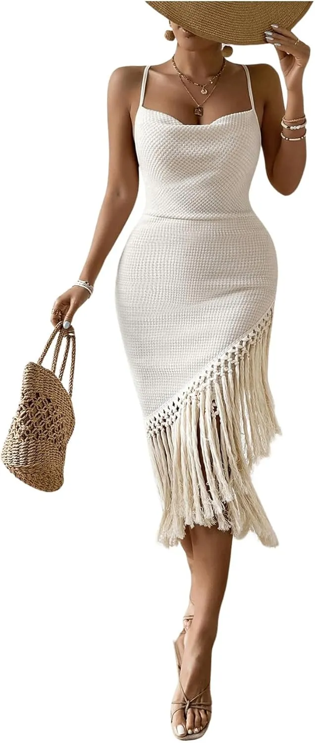Women's Boho Fringe Hem Sleeveless Backless Pencil Midi Dress Back Criss Cross Cami Dresses Summer Dress