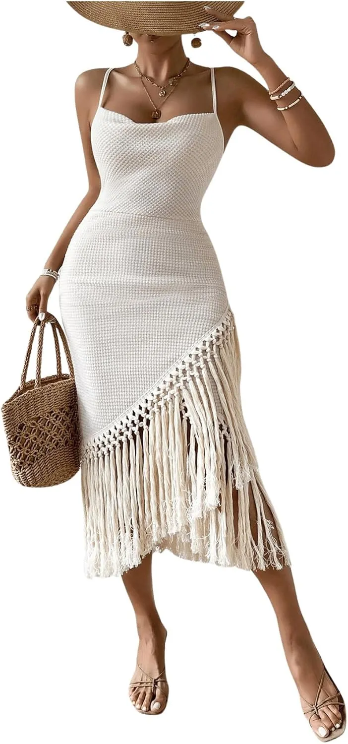Women's Boho Fringe Hem Sleeveless Backless Pencil Midi Dress Back Criss Cross Cami Dresses Summer Dress