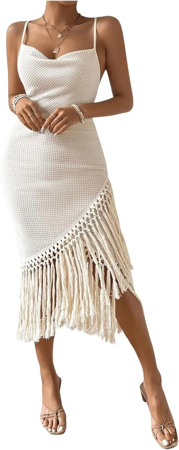 Women's Boho Fringe Hem Sleeveless Backless Pencil Midi Dress Back Criss Cross Cami Dresses Summer Dress