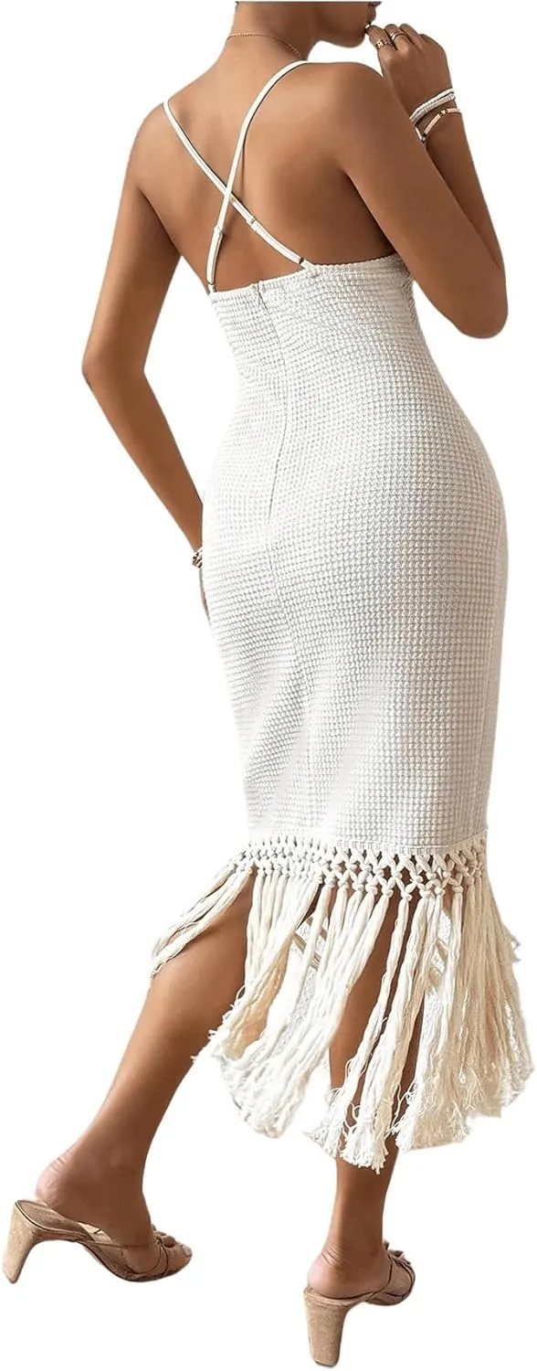 Women's Boho Fringe Hem Sleeveless Backless Pencil Midi Dress Back Criss Cross Cami Dresses Summer Dress
