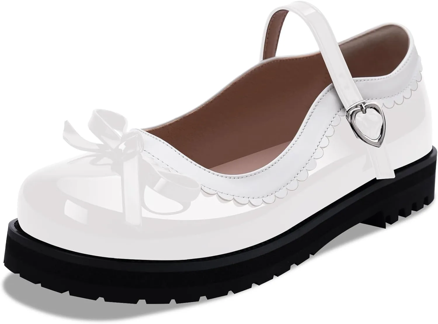 Women's Bow Patent Leather Platform Mary Janes Ankle Strap Closed Toe Kawaii Goth Uniform Flats