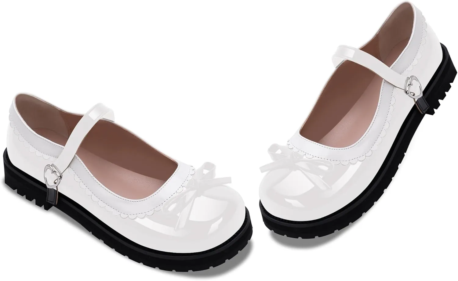 Women's Bow Patent Leather Platform Mary Janes Ankle Strap Closed Toe Kawaii Goth Uniform Flats