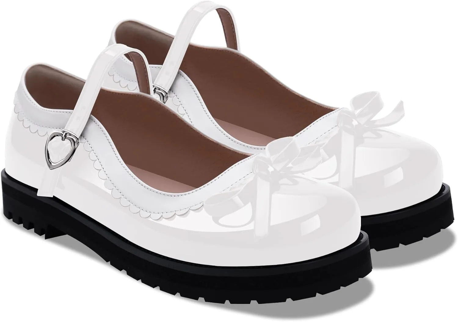 Women's Bow Patent Leather Platform Mary Janes Ankle Strap Closed Toe Kawaii Goth Uniform Flats