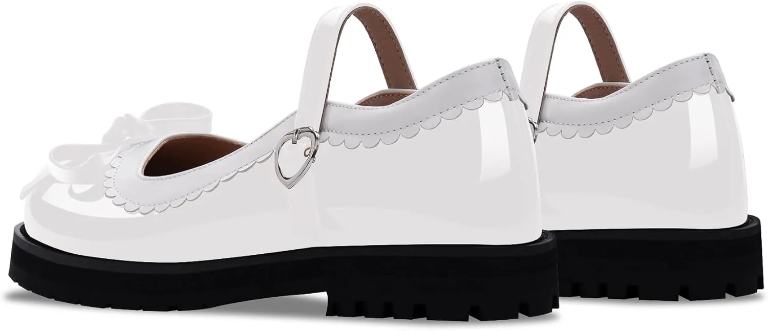 Women's Bow Patent Leather Platform Mary Janes Ankle Strap Closed Toe Kawaii Goth Uniform Flats