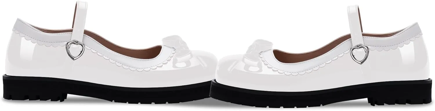 Women's Bow Patent Leather Platform Mary Janes Ankle Strap Closed Toe Kawaii Goth Uniform Flats