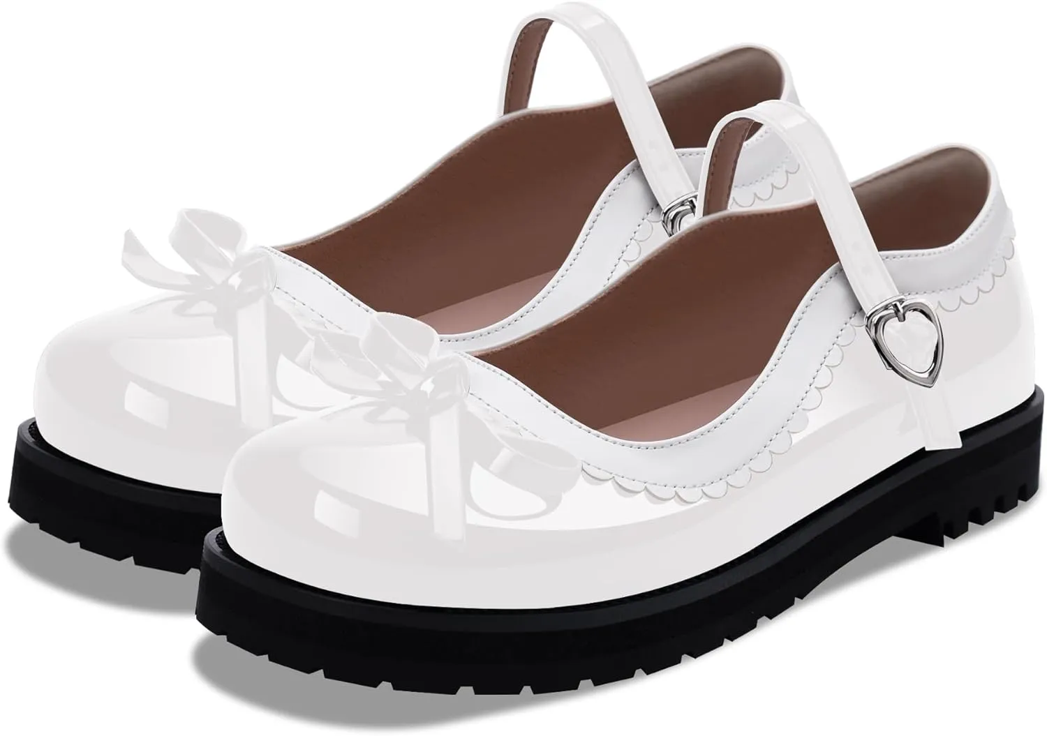 Women's Bow Patent Leather Platform Mary Janes Ankle Strap Closed Toe Kawaii Goth Uniform Flats