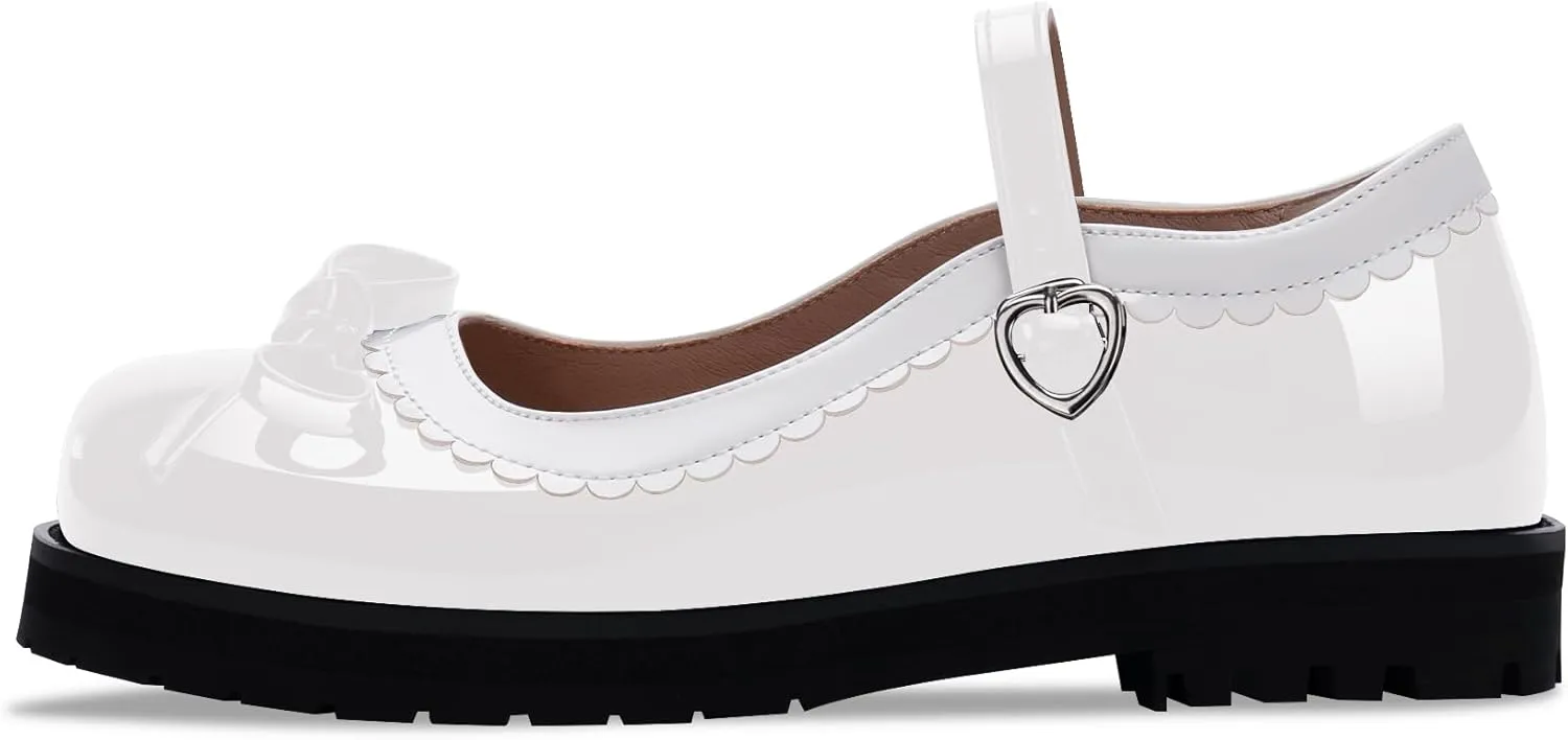 Women's Bow Patent Leather Platform Mary Janes Ankle Strap Closed Toe Kawaii Goth Uniform Flats