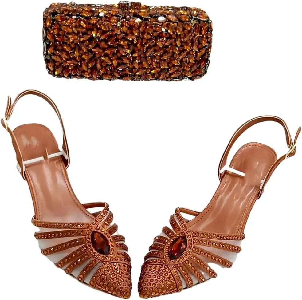 Women’S Brown Crystals High-Heeled Sandals And Clutch Bag Set Ankle Strap T-Tied Design For Party