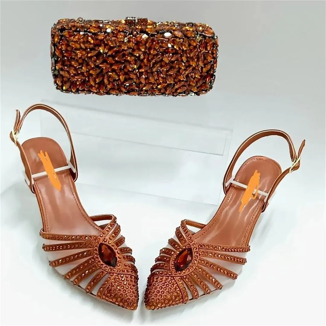 Women’S Brown Crystals High-Heeled Sandals And Clutch Bag Set Ankle Strap T-Tied Design For Party