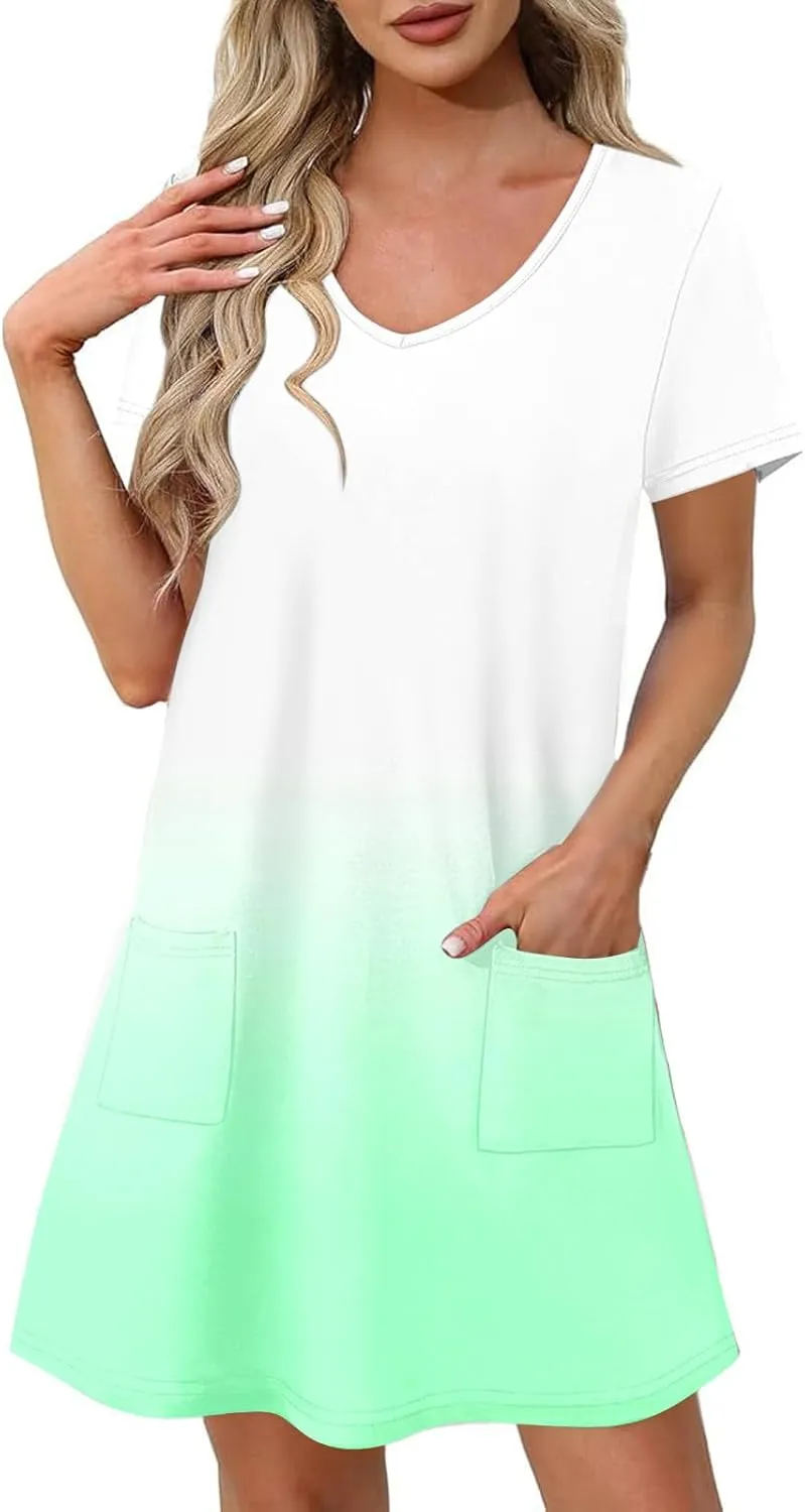 Women's Fashion Summer Dress Gradient Short Sleeve V-Neck Lounge Dresses Loose Comfy Solid Midi Skirts Vacation