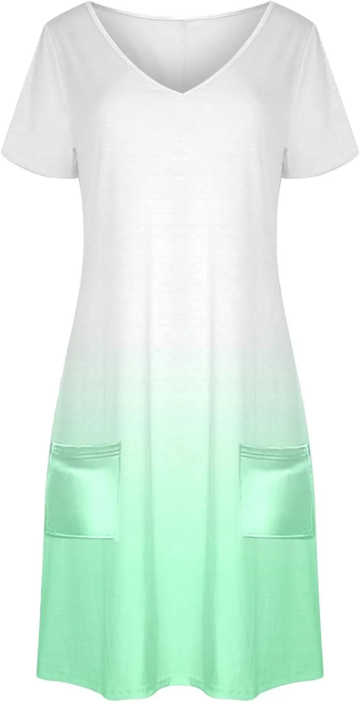 Women's Fashion Summer Dress Gradient Short Sleeve V-Neck Lounge Dresses Loose Comfy Solid Midi Skirts Vacation