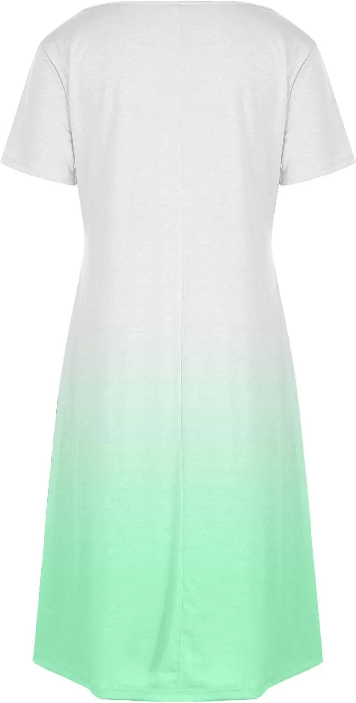 Women's Fashion Summer Dress Gradient Short Sleeve V-Neck Lounge Dresses Loose Comfy Solid Midi Skirts Vacation