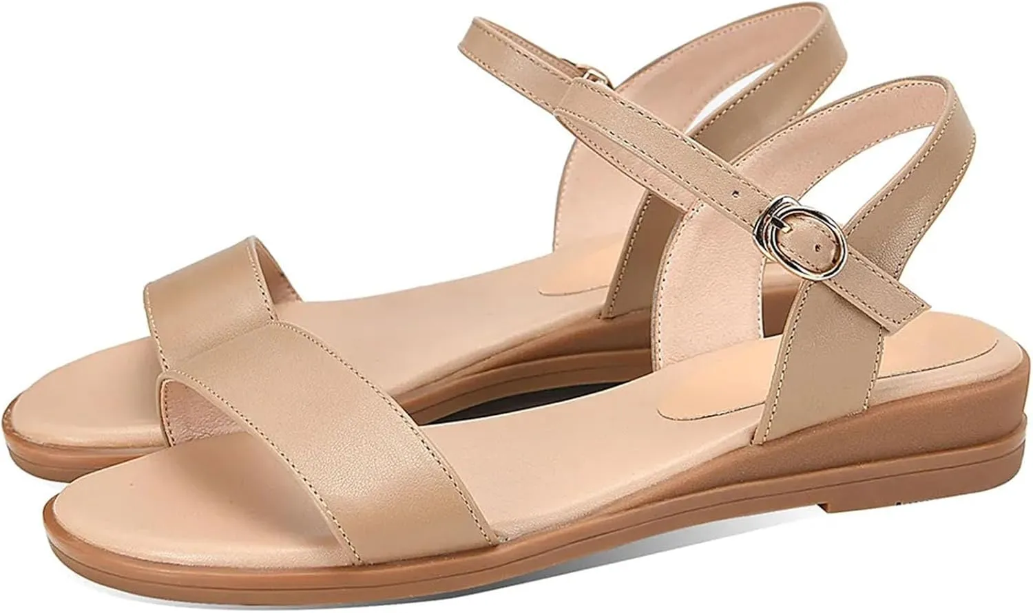 Women's Gladiator Sandals - Cow Genuine Leather Buckle Strap, Summer Beach Flats