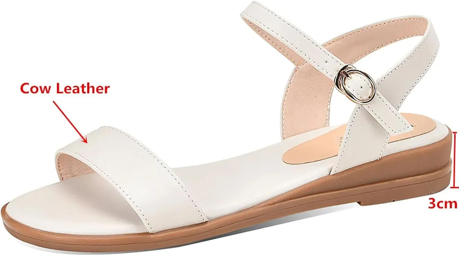 Women's Gladiator Sandals - Cow Genuine Leather Buckle Strap, Summer Beach Flats