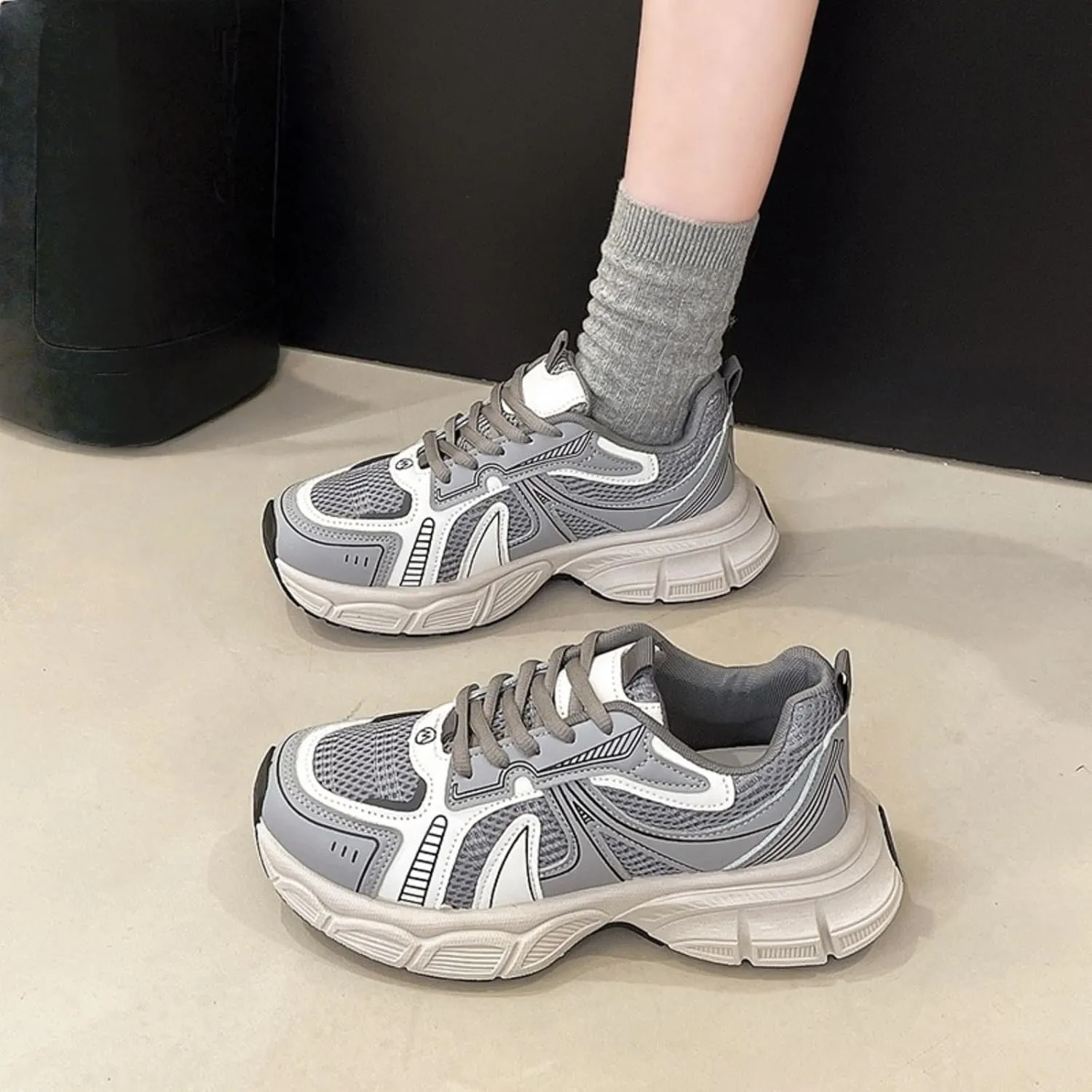 Womens Leather Chunky Platform Lace Up Fashion Sneakers Casual Dress Comfortable Non-Slip Mesh Running Gym Walking Shoes