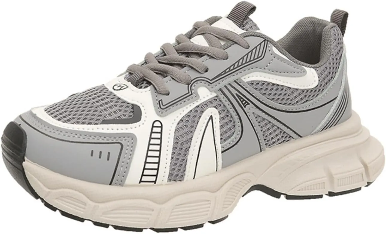 Womens Leather Chunky Platform Lace Up Fashion Sneakers Casual Dress Comfortable Non-Slip Mesh Running Gym Walking Shoes