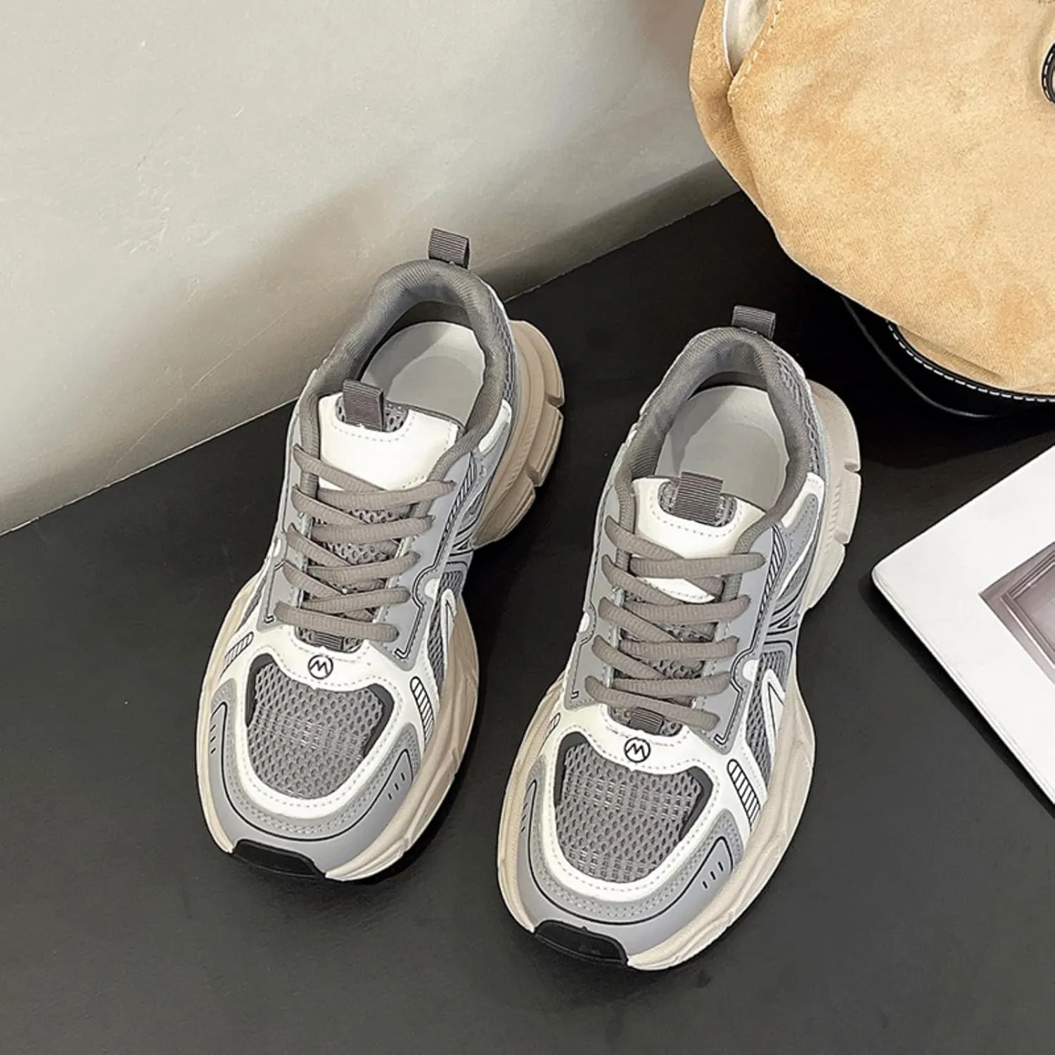 Womens Leather Chunky Platform Lace Up Fashion Sneakers Casual Dress Comfortable Non-Slip Mesh Running Gym Walking Shoes