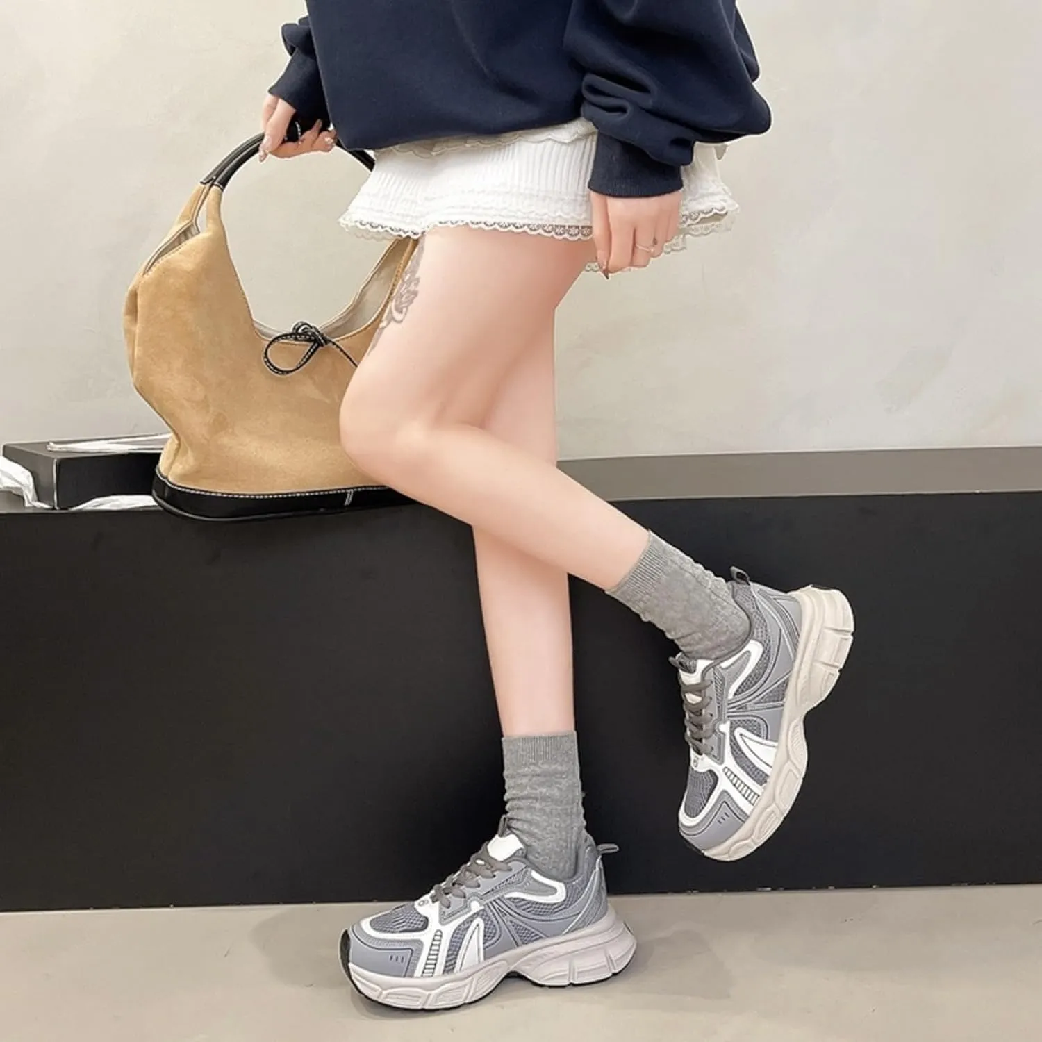 Womens Leather Chunky Platform Lace Up Fashion Sneakers Casual Dress Comfortable Non-Slip Mesh Running Gym Walking Shoes