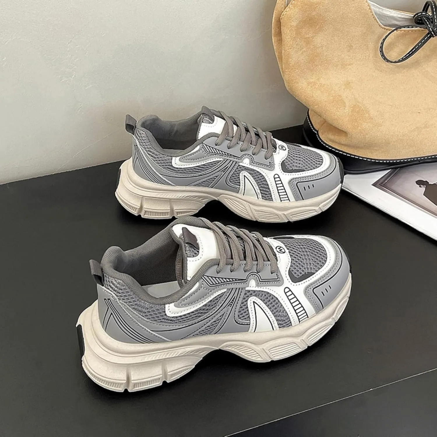 Womens Leather Chunky Platform Lace Up Fashion Sneakers Casual Dress Comfortable Non-Slip Mesh Running Gym Walking Shoes