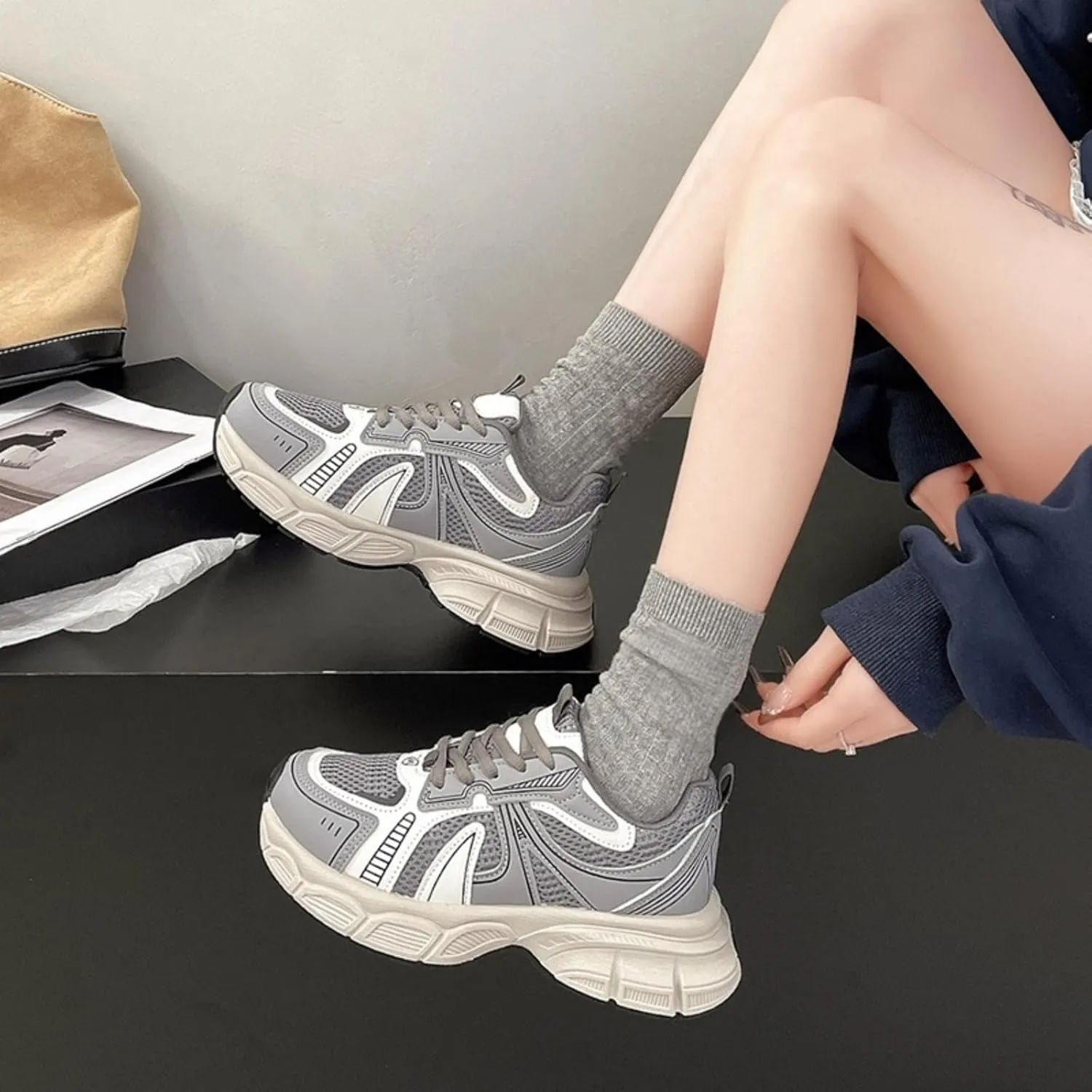 Womens Leather Chunky Platform Lace Up Fashion Sneakers Casual Dress Comfortable Non-Slip Mesh Running Gym Walking Shoes