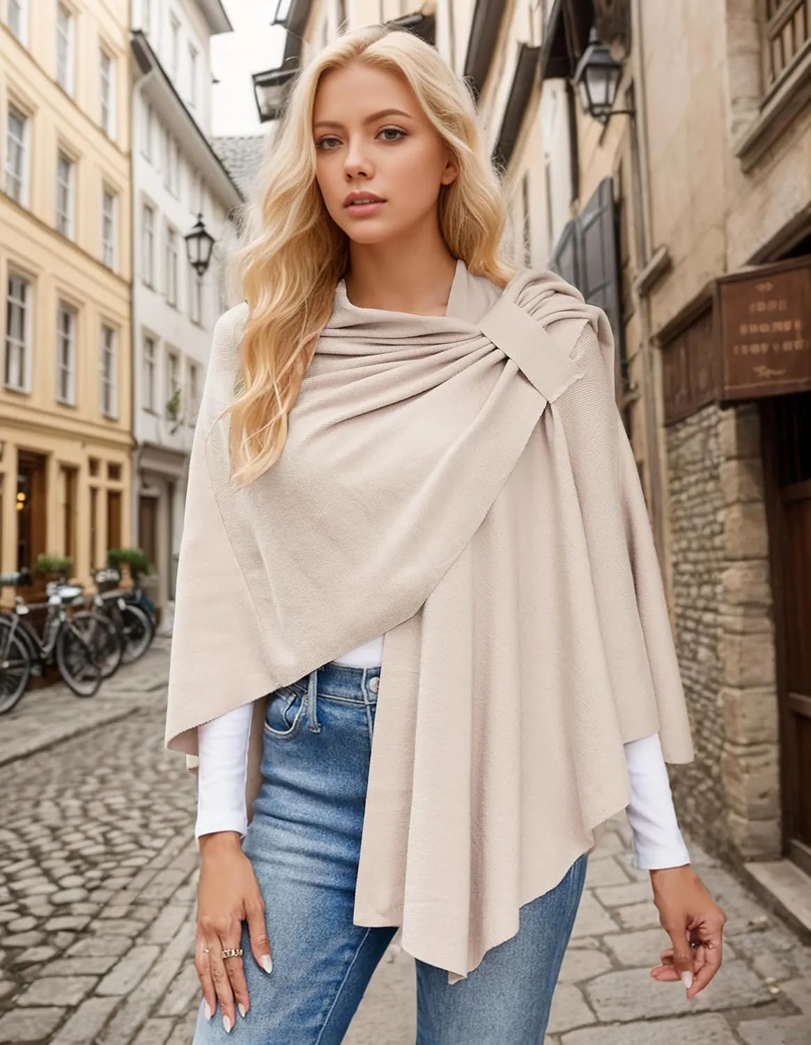 Womens Open Front Poncho Sweater Wrap Topper Knitted Elegant Shawls Cape for Spring Fall Winter